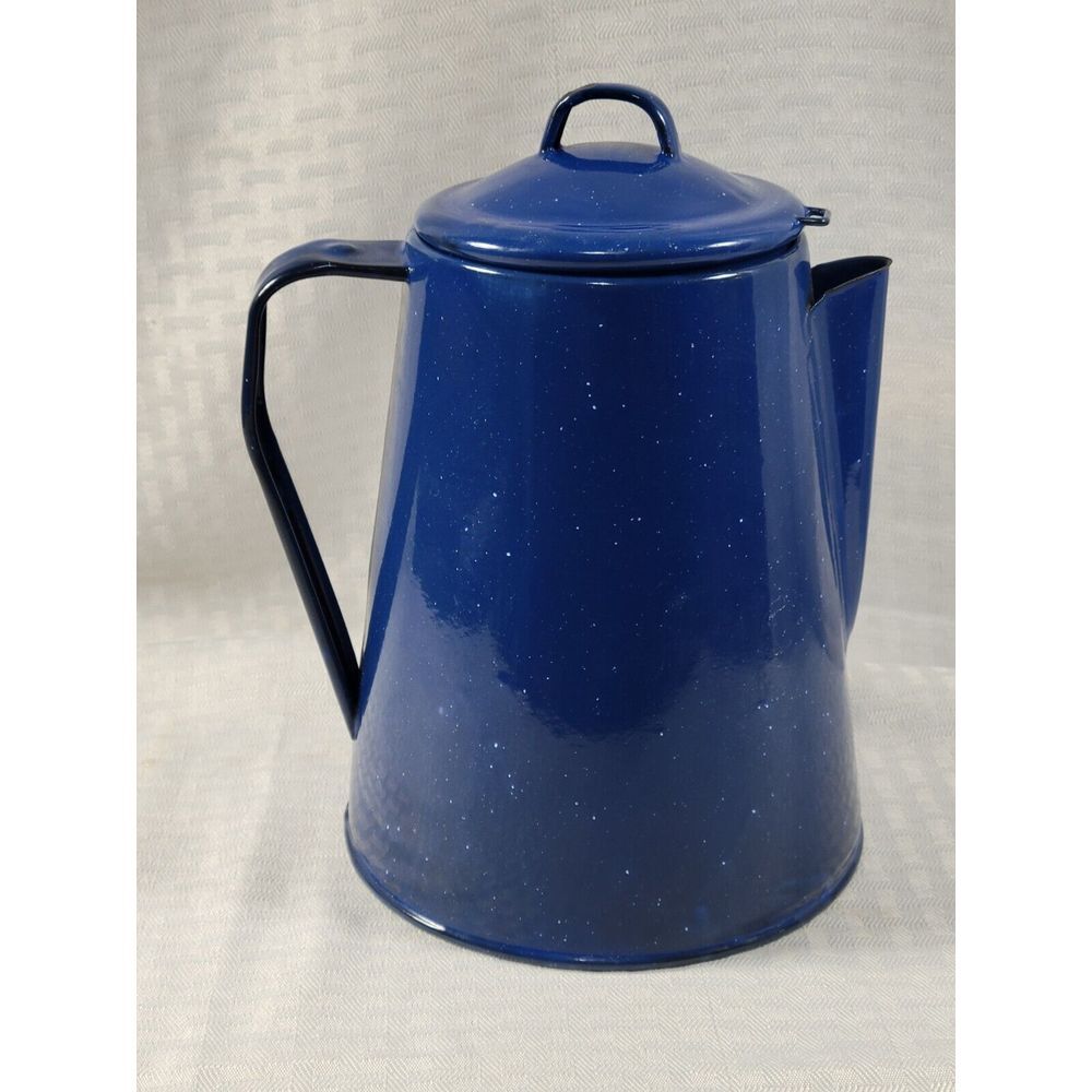 Vintage Blue Speckled Enamelware Coffee Percolator Pot with Lid and Filter 8.5in - Picture 2 of 8